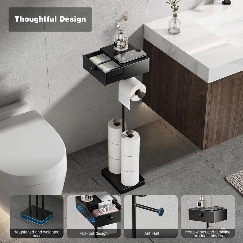 Voldra Toilet Paper Holder Stand with Shelf, Free Standing Black Toilet Paper Roll Holder with Wipes Storage Drawer Heavy Duty Floor Bathroom Tissue Holder Freestanding No Drill Tp Holder for 7 Rolls - Image 2